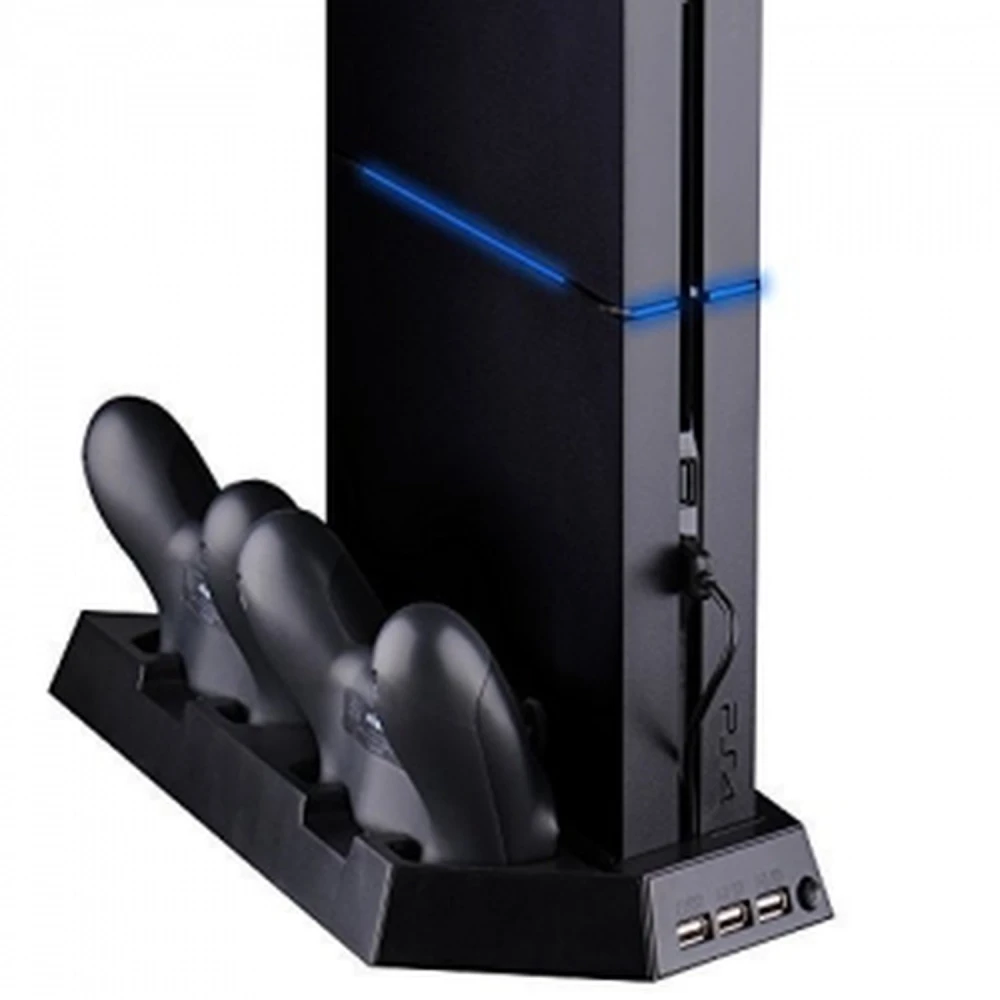 4 v 1 vertikální stojan pro PS4 s ventilátorem, USB hubem a nabíječkou pro 2 ovladače