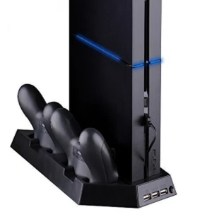 4 v 1 vertikální stojan pro PS4 s ventilátorem, USB hubem a nabíječkou pro 2 ovladače