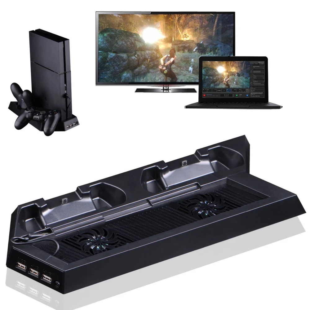 Soporte vertical para PS4 con ventilador y cargador de mandos en uso