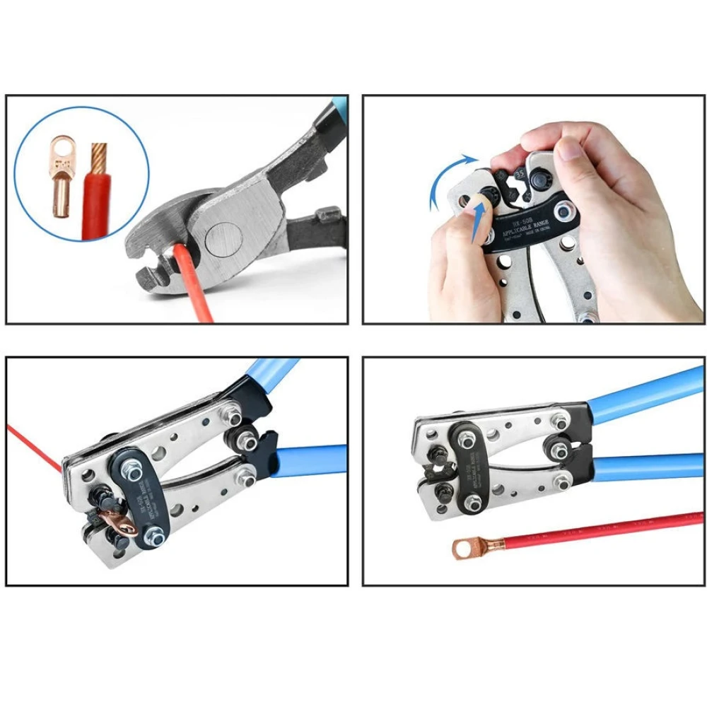 Krimpovací kleště 6-50mm² s protiskluzovými rukojeťmi a nastavitelným otočným mechanismem