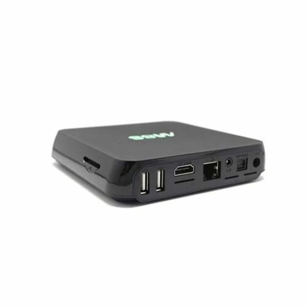 Vista superior del Android TV Box 4K M8S mostrando diseño compacto y moderno