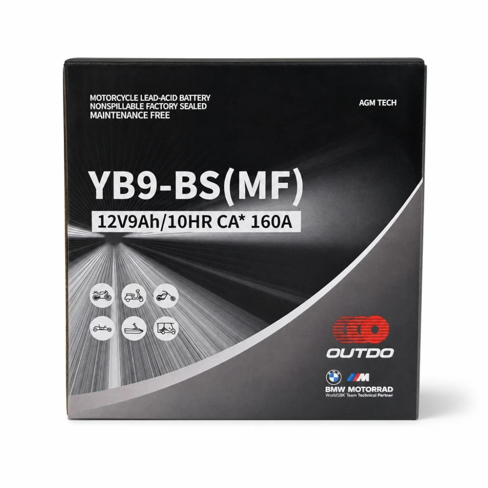 Motobaterie AGM 12V 9Ah OUTDO YB9-BS(MF) - Kompatibilní Yuasa YB9-B / GS GM9Z-3B-1 / GS YB9-B / 12N9-4B-1 (flooded)
