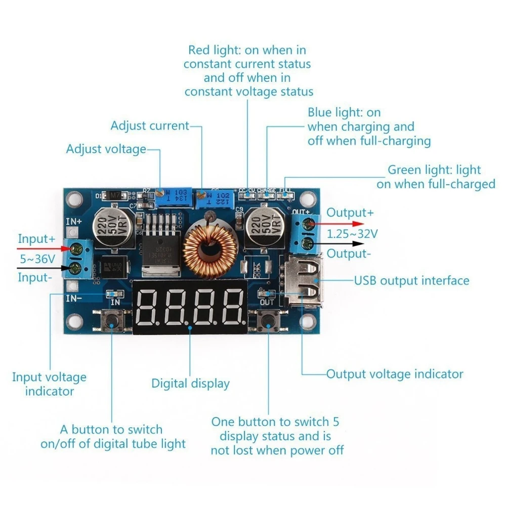 Convertidor DC-DC regulable 5A 1.25V-32V con voltímetro y amperímetro satkit detalle de conexiones