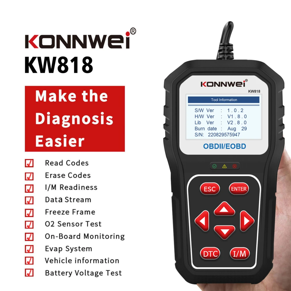 KONNWEI KW818 OBD2 skener: čtečka kódů OBDII pro auta od 1996