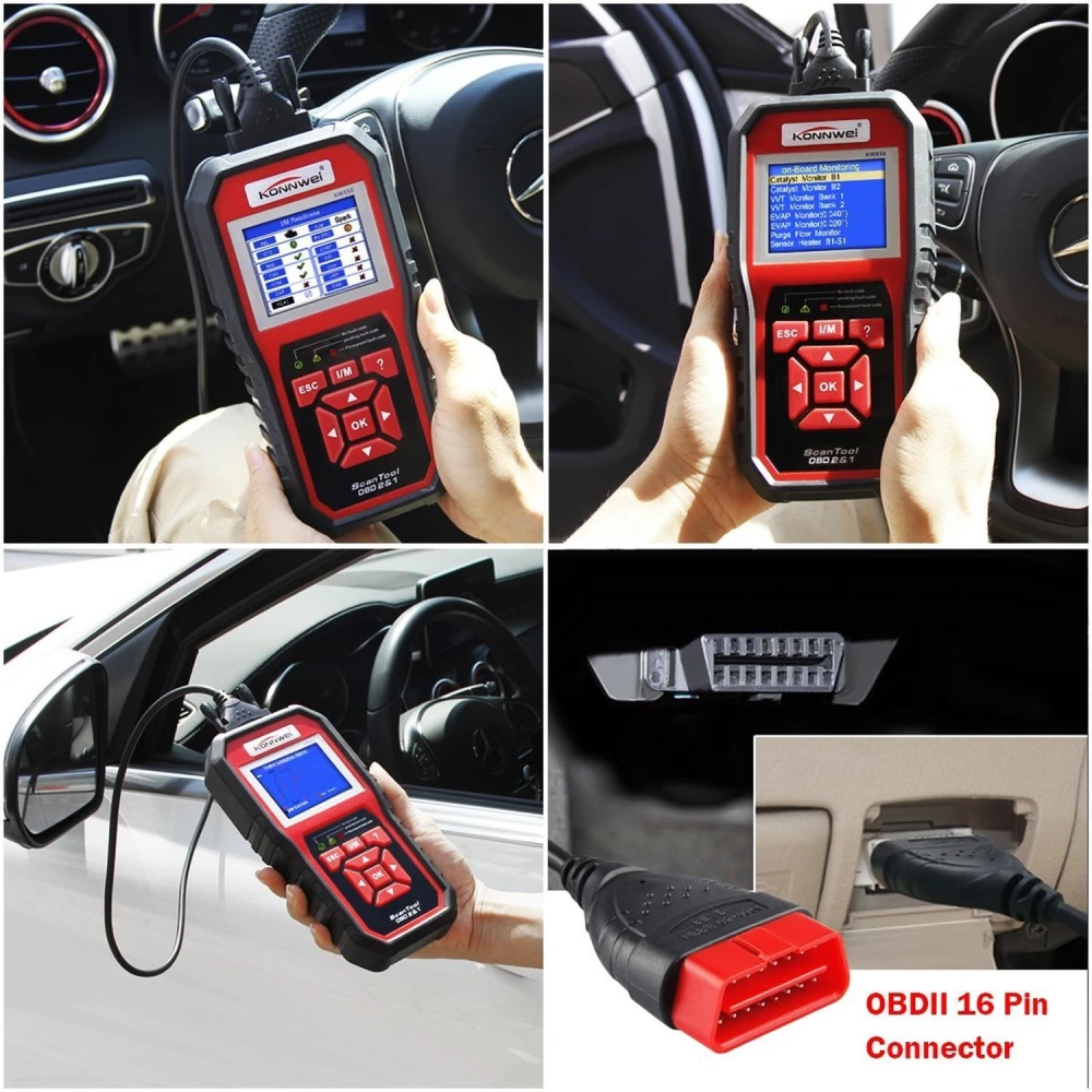 Detalle del cable USB y OBD2 del escáner KW850