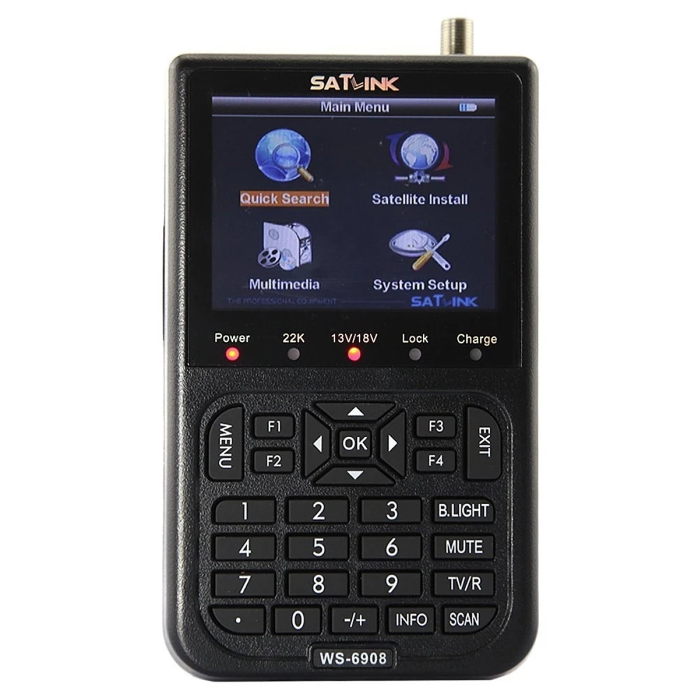 Detalle del medidor Satlink WS-6908 mostrando menú y parámetros de señal
