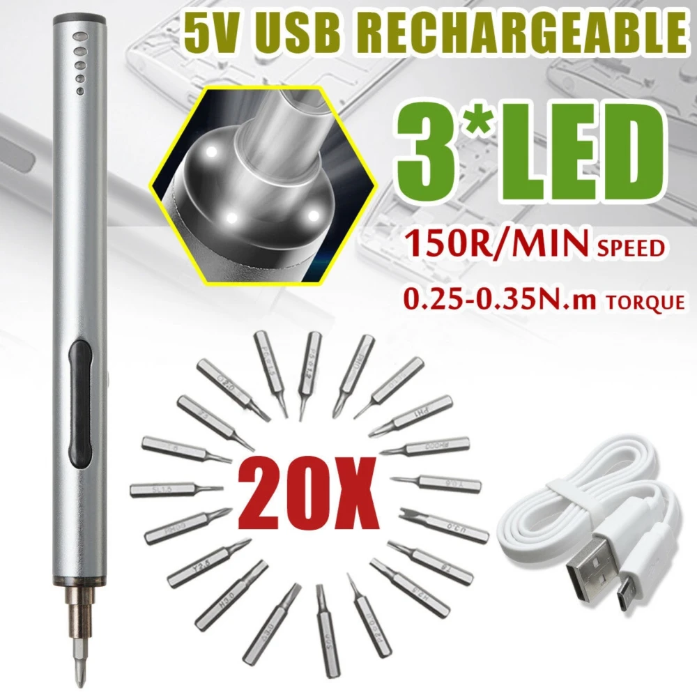 Mini elektrický aku šroubovák USB dobíjecí 3 LED multifunkční 22v1 sada