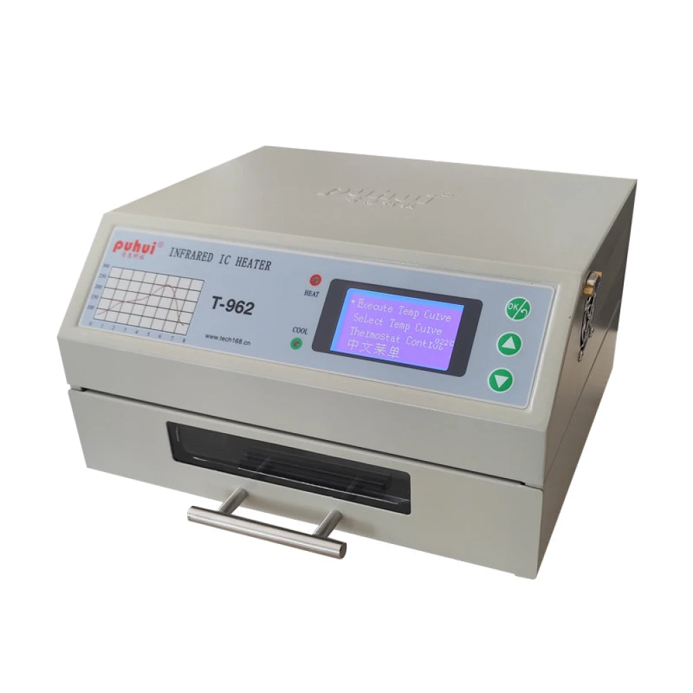 Horno de reflujo Puhui T-962 V2.0 en uso para soldadura de componentes SMD