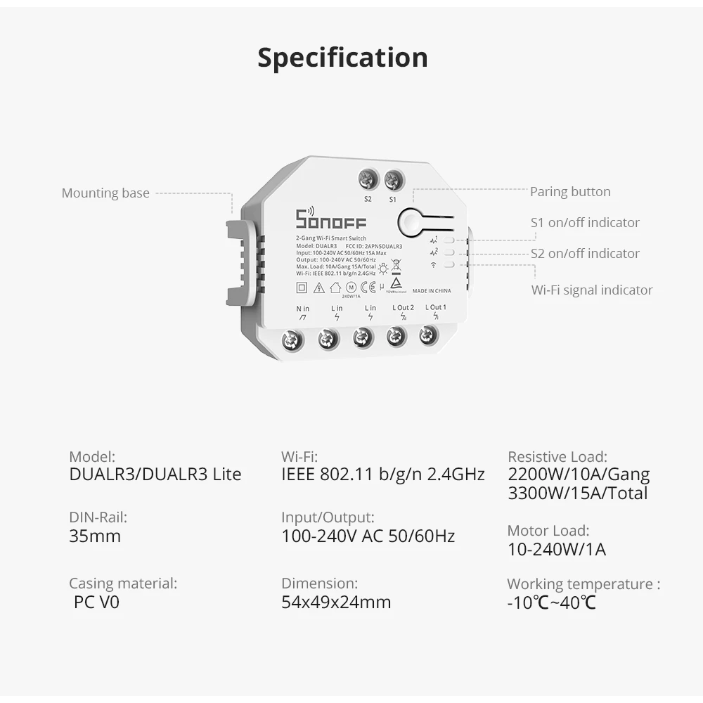 SONOFF DUAL R3 chytrý dvojitý vypínač s měřením spotřeby