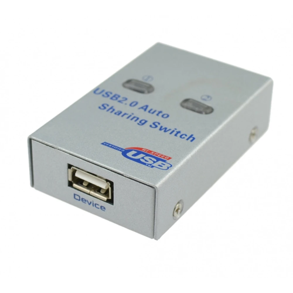 Vista frontal del switch USB 2 puertos para compartir periféricos entre dos ordenadores