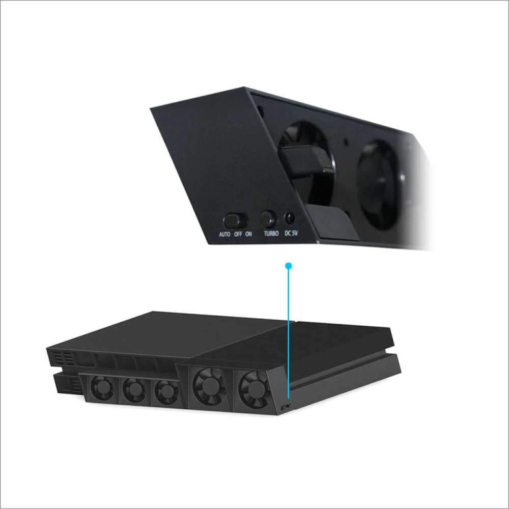 Vista frontal del ventilador refrigeración PS4 externo Turbo Cooler para Playstation 4