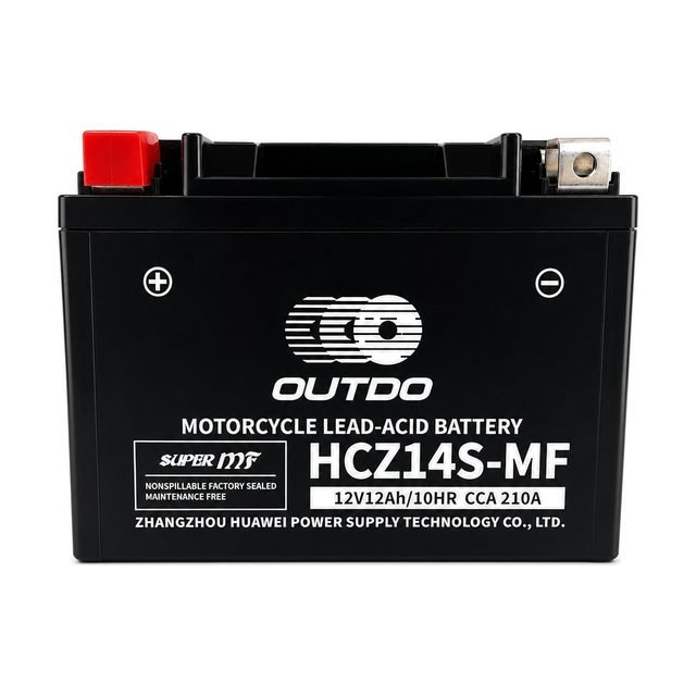 Motobaterie OUTDO HCZ14S-MF (YTZ14S), pohled zepředu na oba póly baterie