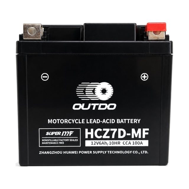 Motobaterie OUTDO HCZ7D-MF (YTZ7S), pohled zepředu na oba póly baterie