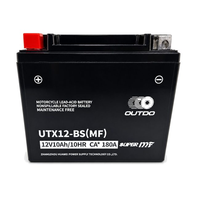 Motobaterie OUTDO UTX12-BS (YTX12-BS), pohled zepředu na oba póly baterie