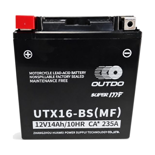 Motobaterie OUTDO UTX16-BS (YTX16-BS), pohled zepředu na oba póly baterie