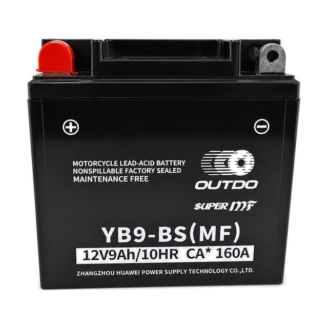Motobaterie OUTDO YB9-BS (YB9-B), pohled zepředu na oba póly baterie