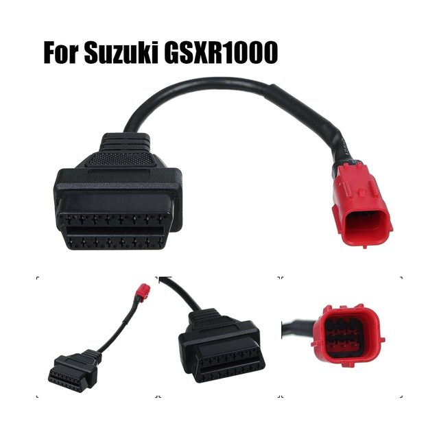 Krátký adaptérový kabel pro motorky Suzuki s červeným 6pinovým konektorem a černou 16pinovou zásuvkou OBD2